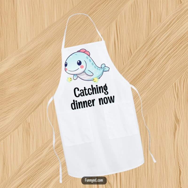 Funny Kawaii Eel Apron: An energetic eel chases a tiny, glowing plankton with dynamic swirls, bringing playful vibes to the kitchen.