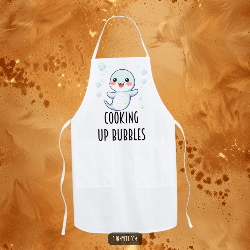 Funny Kawaii Eel Apron showing a happy eel wiggling through sparkling bubbles, perfect for adding fun to any culinary task.