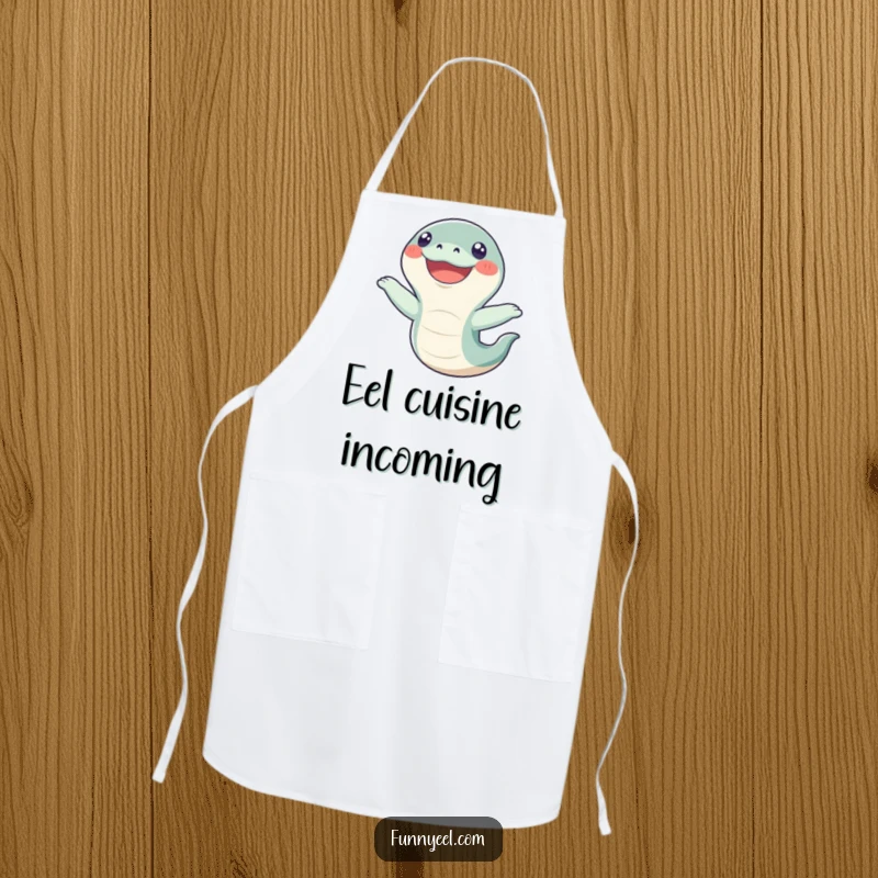Funny Kawaii Eel Apron: A cheerful eel doing a comical flip, with a wide happy grin, adding a humorous touch to kitchen duties.