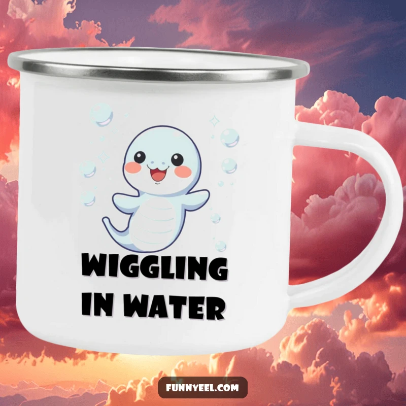 Funny Kawaii Eel Camping Mug featuring a happy eel wiggling through bubbles, perfect for bringing underwater fun to any outdoor trip.