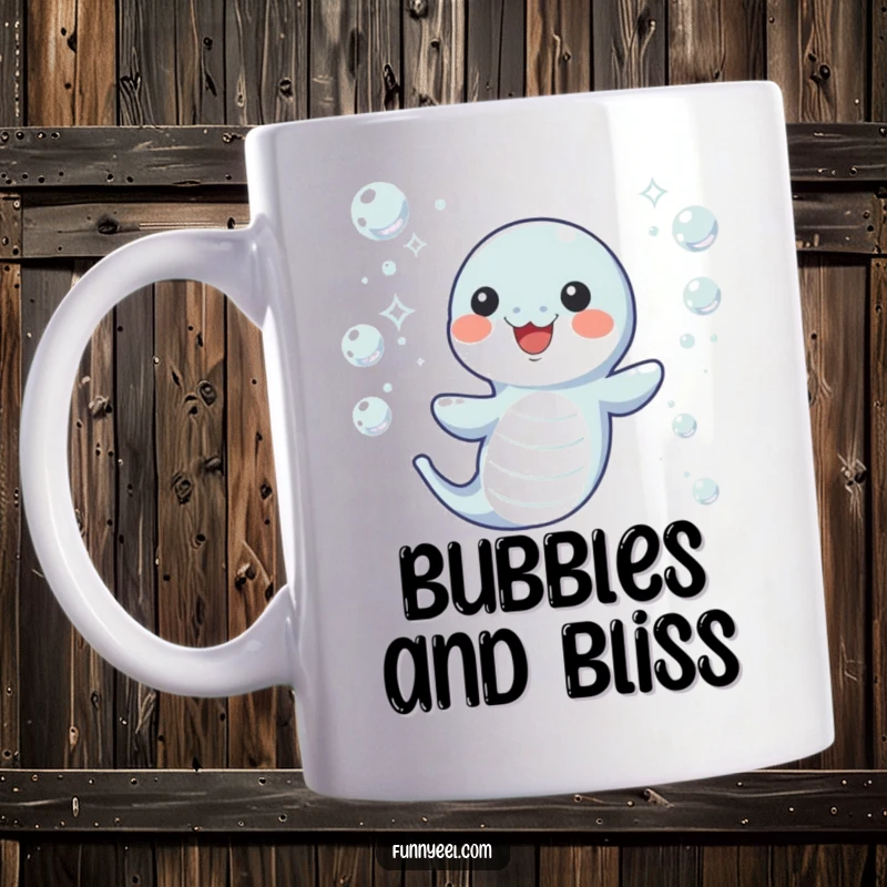 Funny Kawaii Eel Mug depicting a joyful eel wiggling happily amidst shimmering, sparkling underwater bubbles, full of life and cheer.