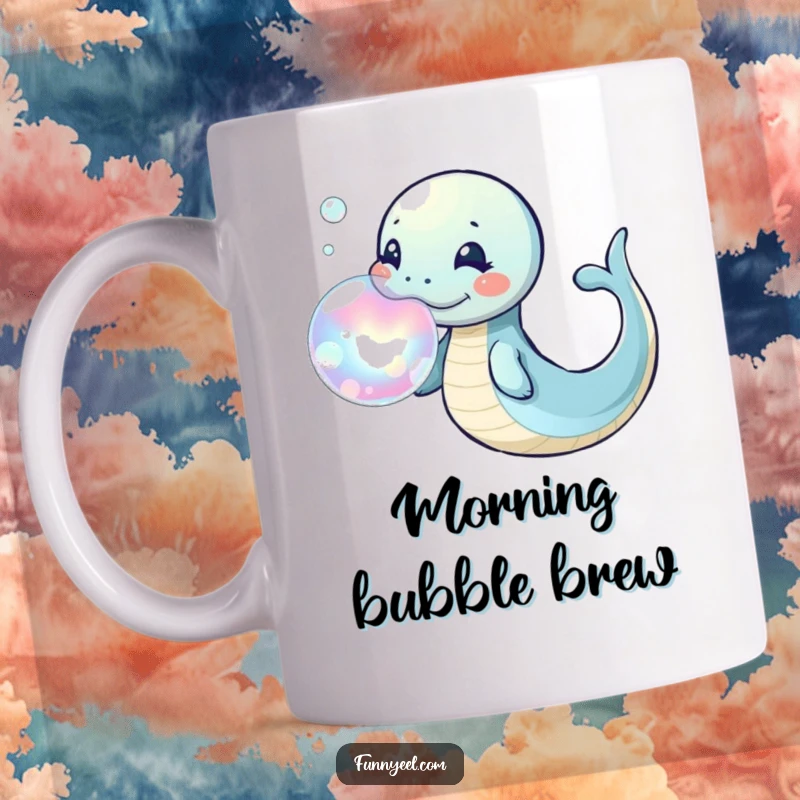 Funny Kawaii Eel Mug featuring a playful eel blowing a large, shimmering, iridescent bubble ring, showcasing fun and imagination.