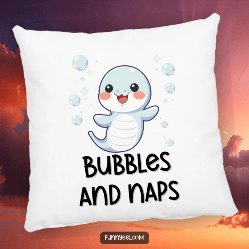 Funny Kawaii Eel Pillow featuring a joyful eel wiggling through sparkling underwater bubbles, bringing comfort and ocean magic.