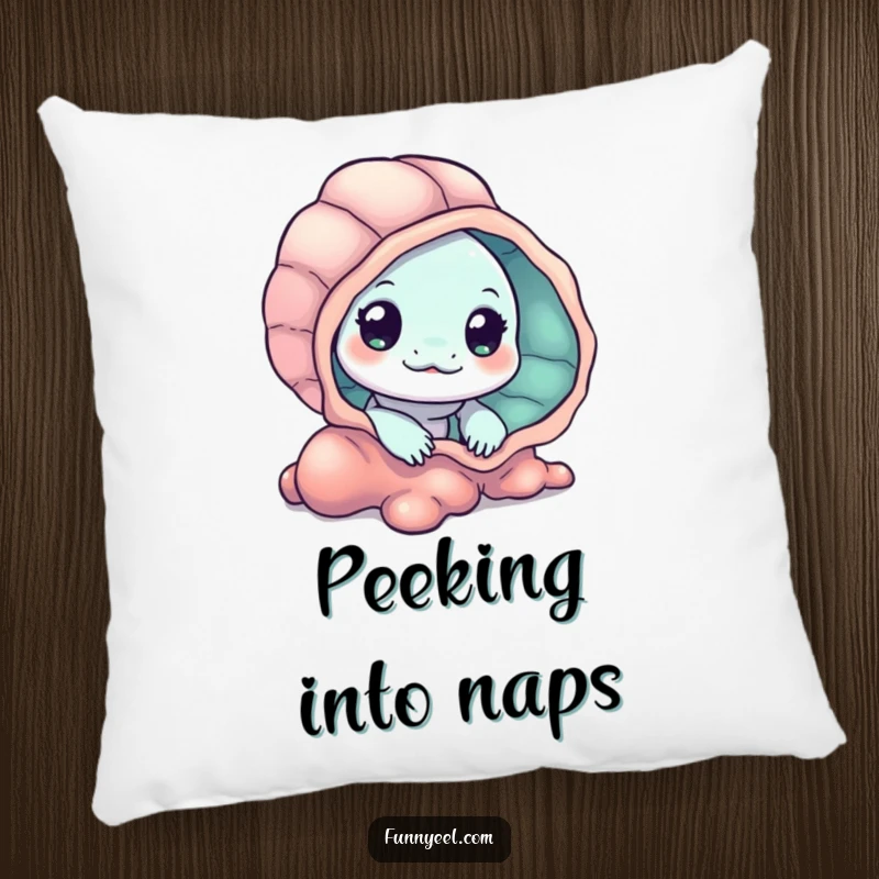 Funny Kawaii Eel Pillow featuring a curious eel peeking from behind a vibrant seashell, bringing comfort and whimsical charm.