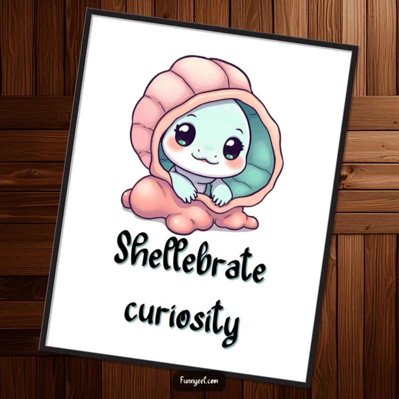 Funny Kawaii Eel Digital Art Print of a curious eel peeking from behind a vibrant seashell, perfect for adding playful mystery.