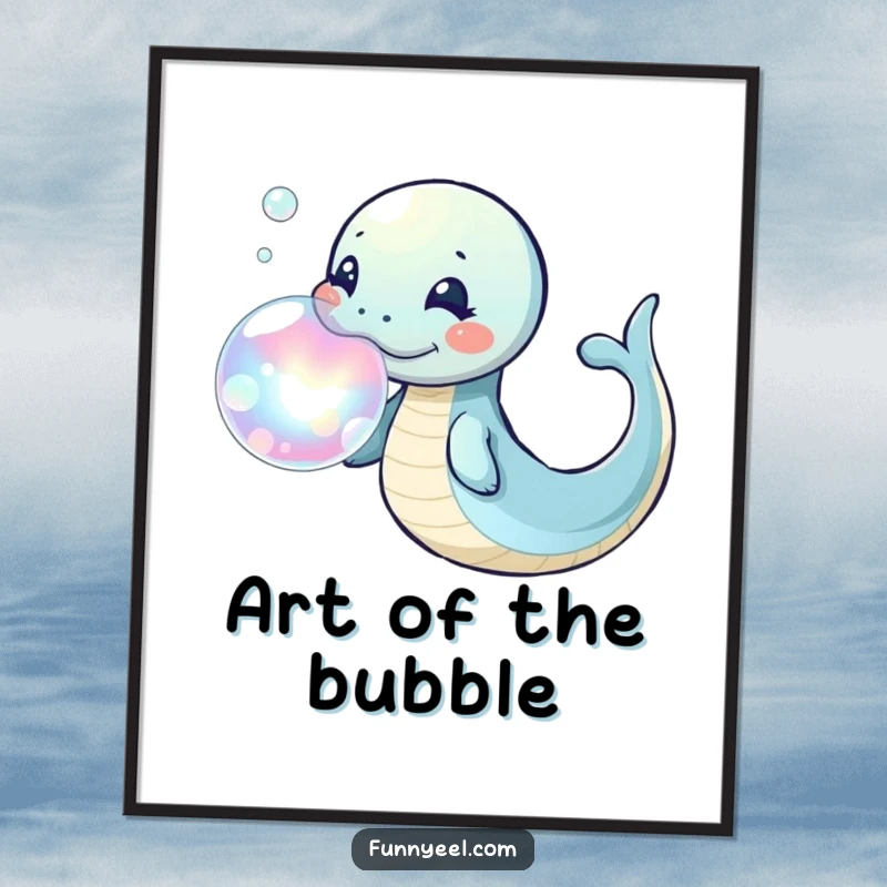 Funny Kawaii Eel Digital Art Print of a playful eel blowing a large, iridescent bubble ring, perfect for adding whimsical charm.