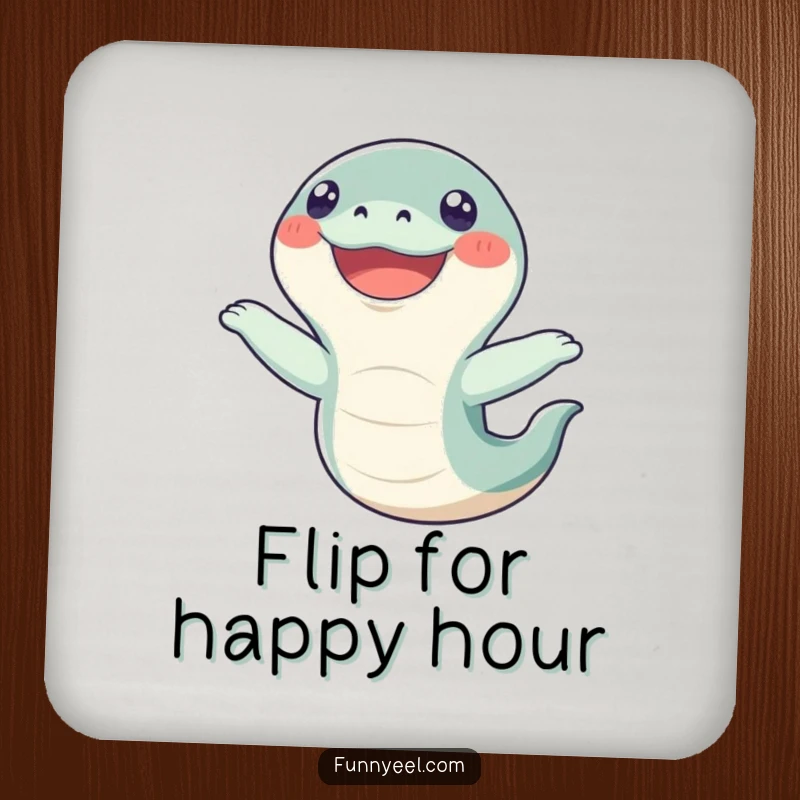 Funny Kawaii Eel Drink Coaster: A comical eel performing a flip with a wide, happy grin, adding humor to your table setting.