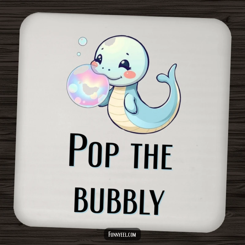 Funny Kawaii Eel Coasters set depicting a playful eel blowing a giant, iridescent bubble ring, adding whimsical charm to any table.