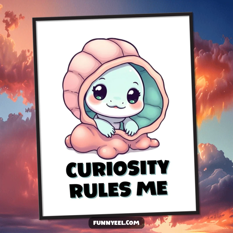 Funny Kawaii Eel Poster depicting a curious eel peeking from behind a vibrant seashell, bringing playful mystery to any room.