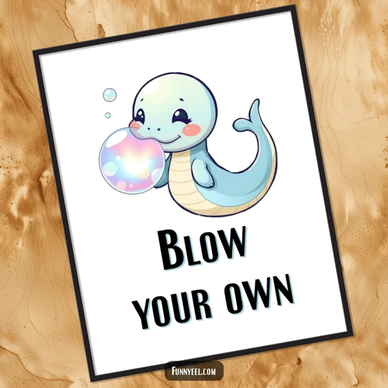 Funny Kawaii Eel Poster depicting a playful eel blowing a large, iridescent bubble ring, bringing whimsical charm to any room.