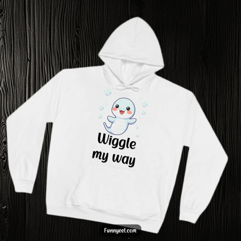 Funny Kawaii Eel Hoodie showing a happy eel wiggling joyfully through sparkling underwater bubbles, perfect for cozy adventures.