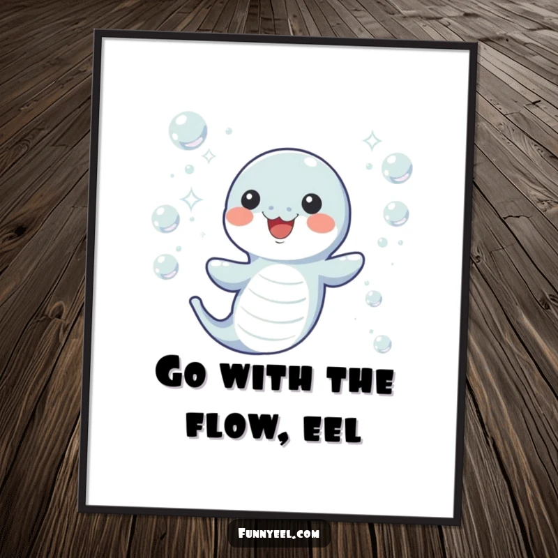 Funny Free Printable Wall Art: A kawaii eel joyfully wiggling amidst a flurry of sparkling underwater bubbles, creating a playful scene.