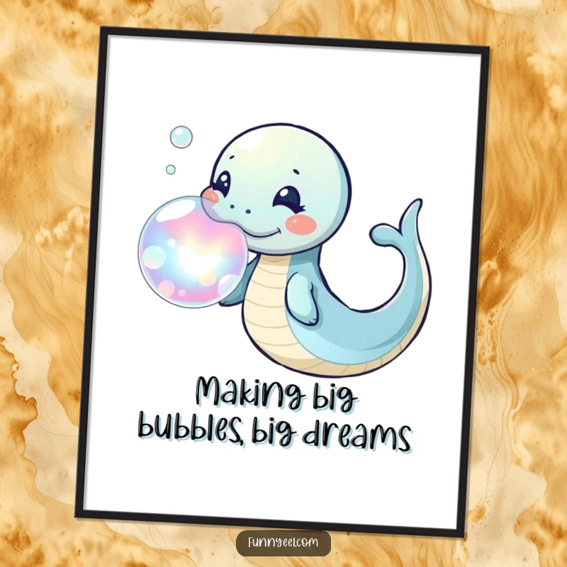 Funny Free Printable Wall Art: A kawaii eel playfully blowing a giant, iridescent bubble ring, creating a magical visual.