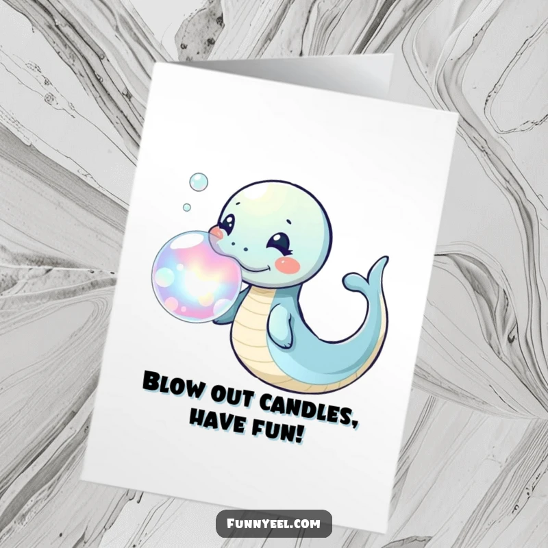 Free Printable Birthday Card: A kawaii eel playfully blowing a giant iridescent bubble ring, celebrating a birthday.