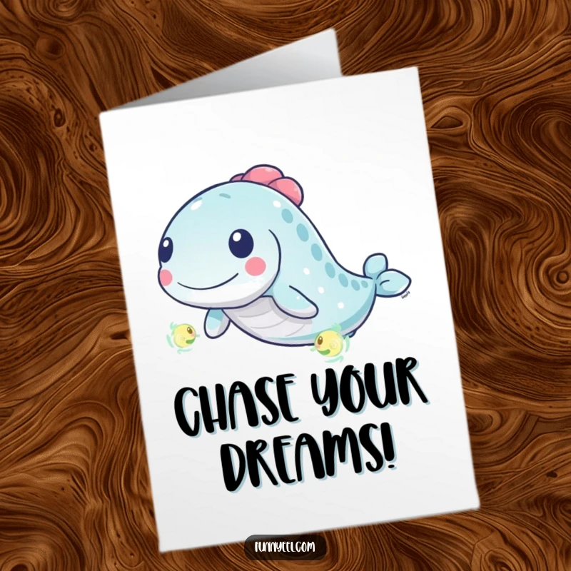 Funny Free Printable Birthday Card: Kawaii eel with energetic swirls chasing a small glowing plankton.