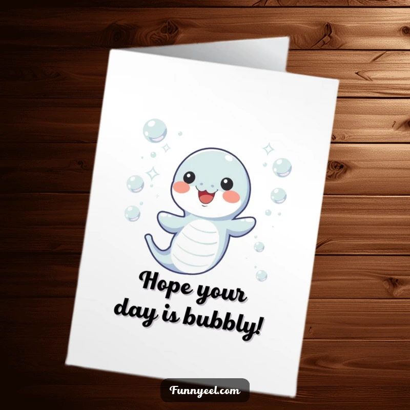 Free Printable Birthday Card: A kawaii eel joyfully wiggling through a sea of sparkling underwater bubbles, celebrating.