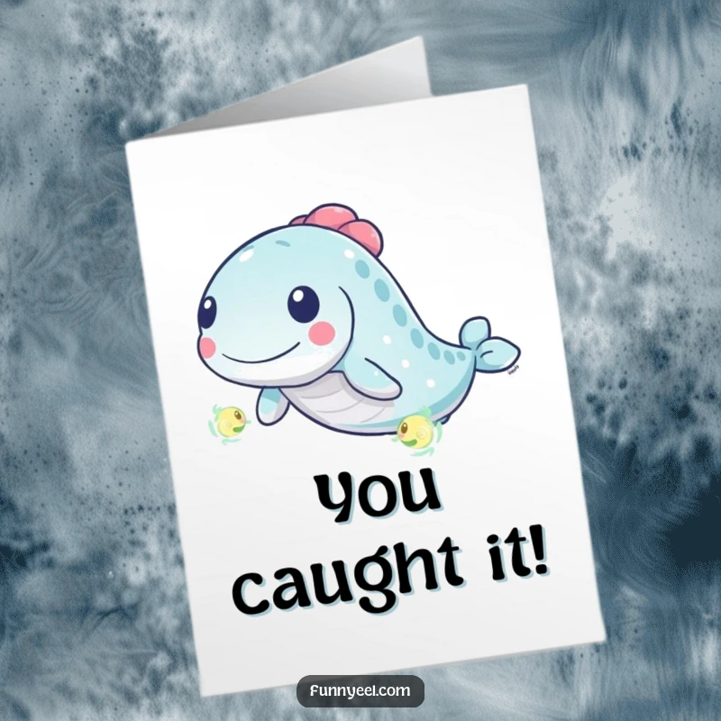 Funny Free Printable Congrats Card: A lively kawaii eel in swirling motion, pursuing a tiny glowing plankton.