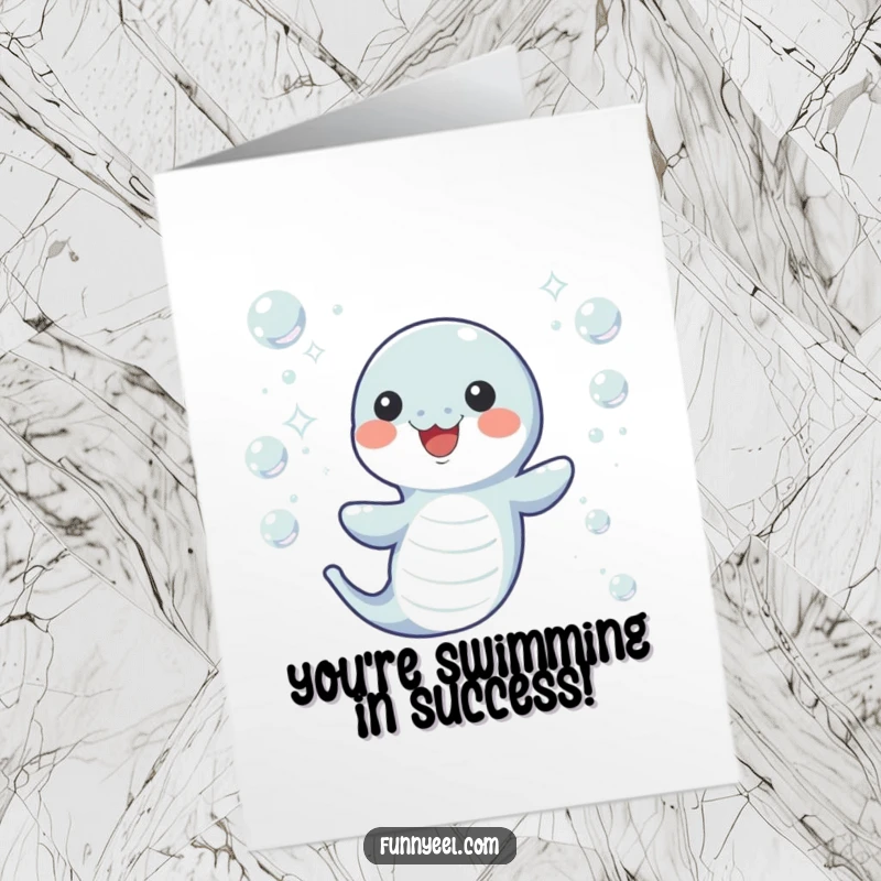 Free Printable Congratulations Card: A happy kawaii eel wiggling through sparkling bubbles, signifying a joyful success.