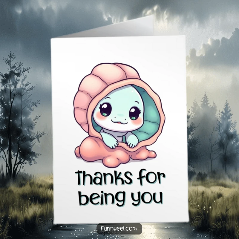 Free Printable Thank You Card: A kawaii eel peeking from behind a colorful seashell with a curious look, expressing thanks.