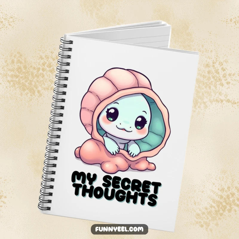 Funny Kawaii Eel Notebook with a design of an eel peeking from behind a seashell, ideal for journaling curious thoughts and ideas.