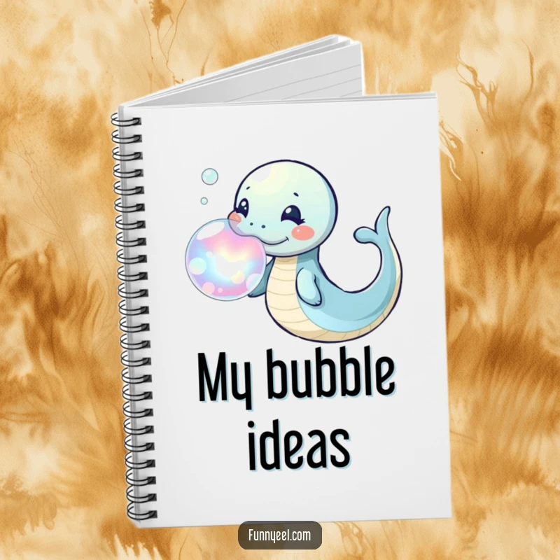Funny Kawaii Eel Notebook with a design of an eel blowing a giant, iridescent bubble ring, ideal for journaling playful ideas.