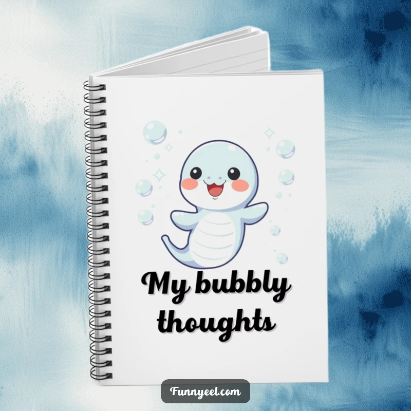 Funny Kawaii Eel Notebook with a design of an eel wiggling through sparkling bubbles, ideal for jotting down creative ideas.