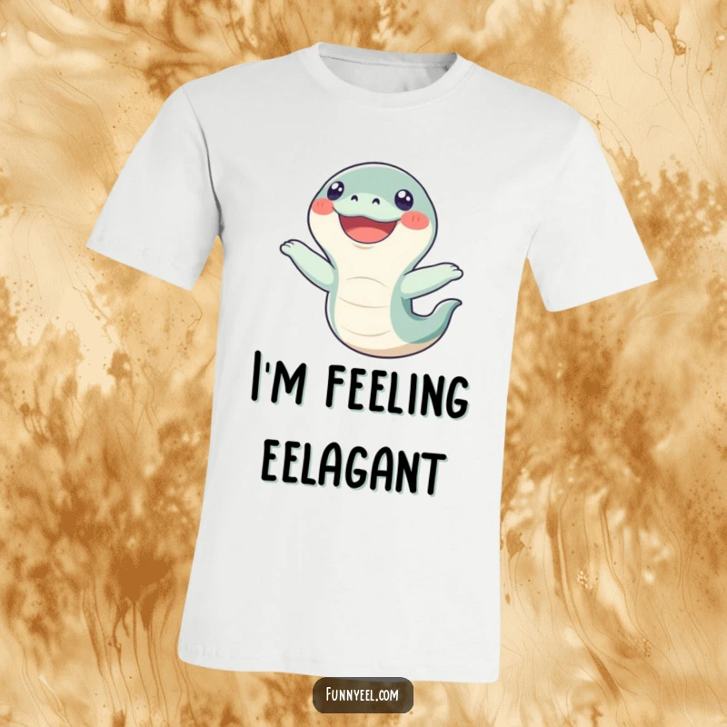 Funny Kawaii Eel T-Shirt: A cheerful eel executes a comical flip, its wide, happy grin radiating pure, unadulterated joy and playful energy.