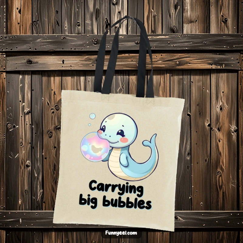 Funny Kawaii Eel Tote Bag with a playful eel blowing a giant, iridescent bubble ring, perfect for carrying daily necessities with style.