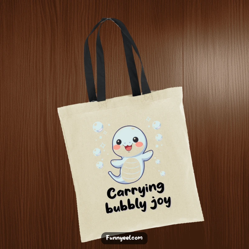 Funny Kawaii Eel Tote Bag featuring a happy eel wiggling through sparkling underwater bubbles, ideal for beach trips and daily use.