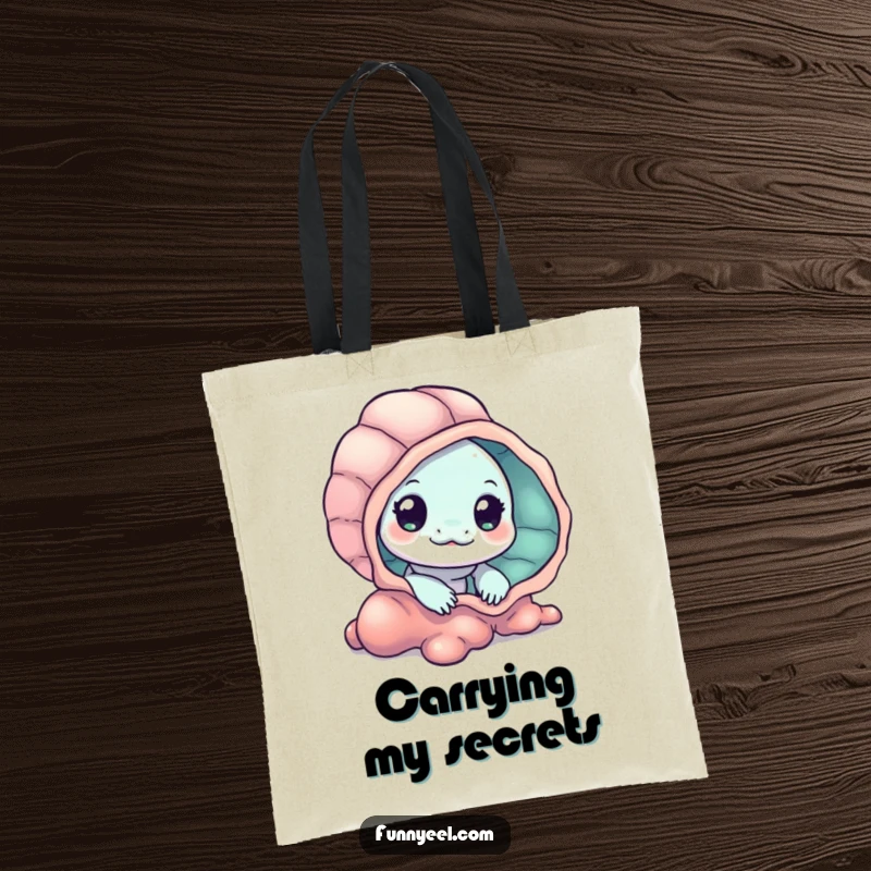 Funny Kawaii Eel Tote Bag with a curious eel peeking from behind a vibrant seashell, perfect for carrying daily necessities with charm.